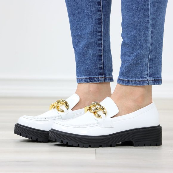White Patent Chunky Lug Sole Slip On Penny Loafers Platform With Gold Chain - Picture 14 of 16